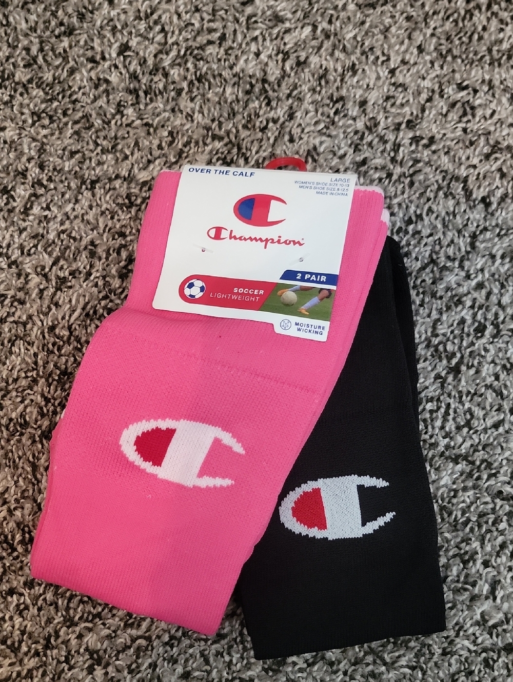 Champion Womens Or Mens 2-Pack Over-the-Calf Soccer Socks in Pink & Black